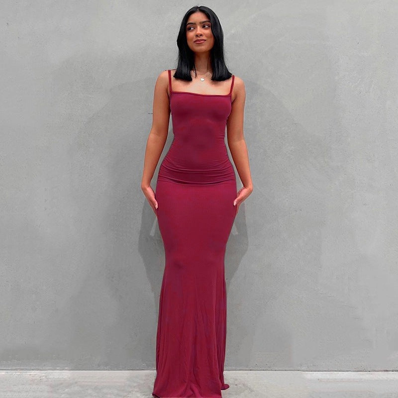 2025 Solid Color Women's Dress Slim Peach Hip Suspender Long Fishtail Skirt