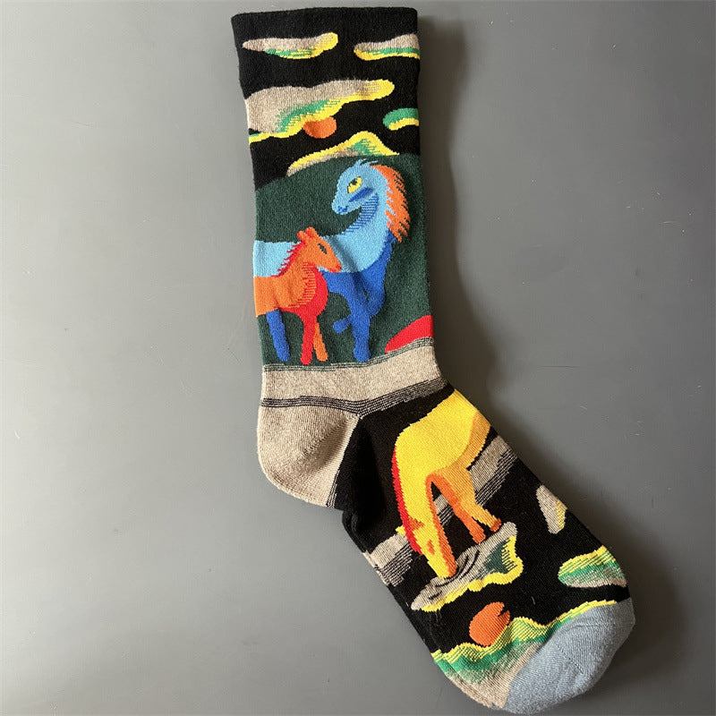 New Product Mid Calf Socks Women Oil Painting Socks Niche Fun Literary and Artistic Color Socks