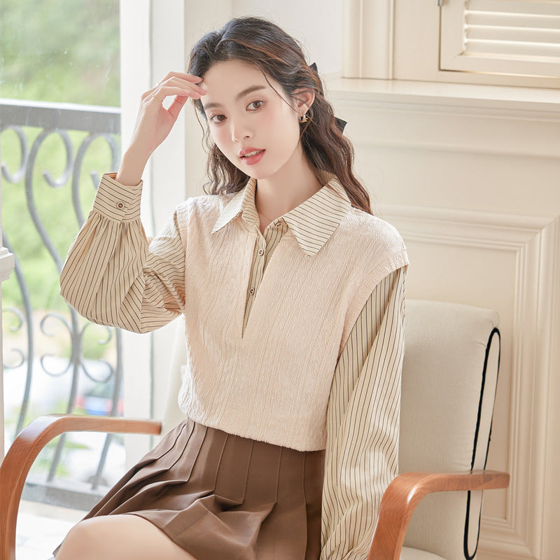 Spring New Sweet Fake Two-piece Contrasting Striped Long-sleeved Shirt Women's Design Sense Splicing Knitted Top