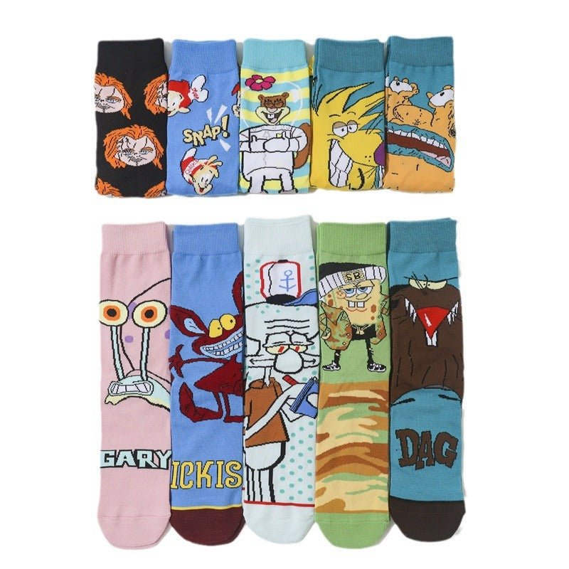 Male Parasite Cartoon Tide Socks Women's Medium Tube Men's Sponge Socks Long Tube Cotton Animation Socks-5PRS