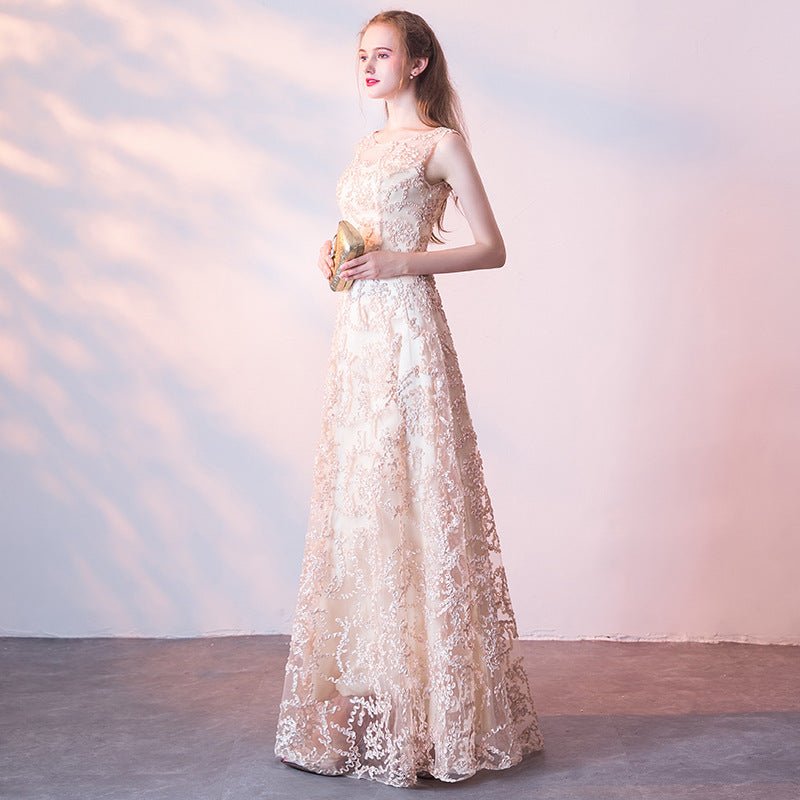 Evening dress new banquet host long thin sleeveless temperament socialite lace champagne dress
