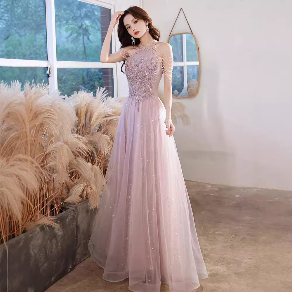 Dusty Pink Evening Gown: Celebrity Style Light Luxury Party Dress for Wedding Banquet, Birthday & Holiday Hostess