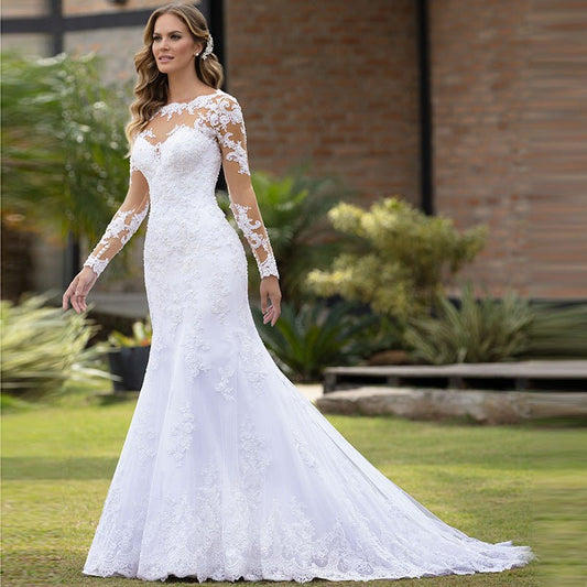 Wedding Dress Fishtail New Dress European Slim Fit Sexy Long Sleeve Leaking Back Wedding Banquet