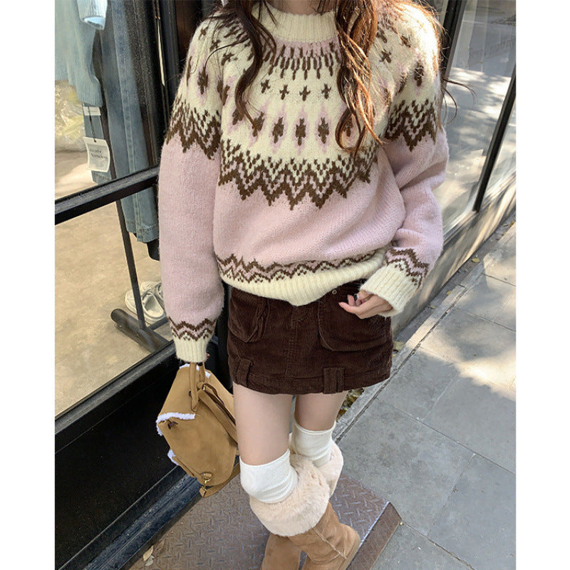 Pink Jacquard Sweater for Women's Autumn and Winter New Age-reducing College Style Pullover for Women