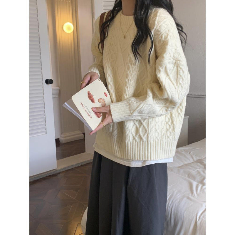New Year's Red Twist Sweater Women's Autumn and Winter New Retro Lazy Wind Round Neck Pullover