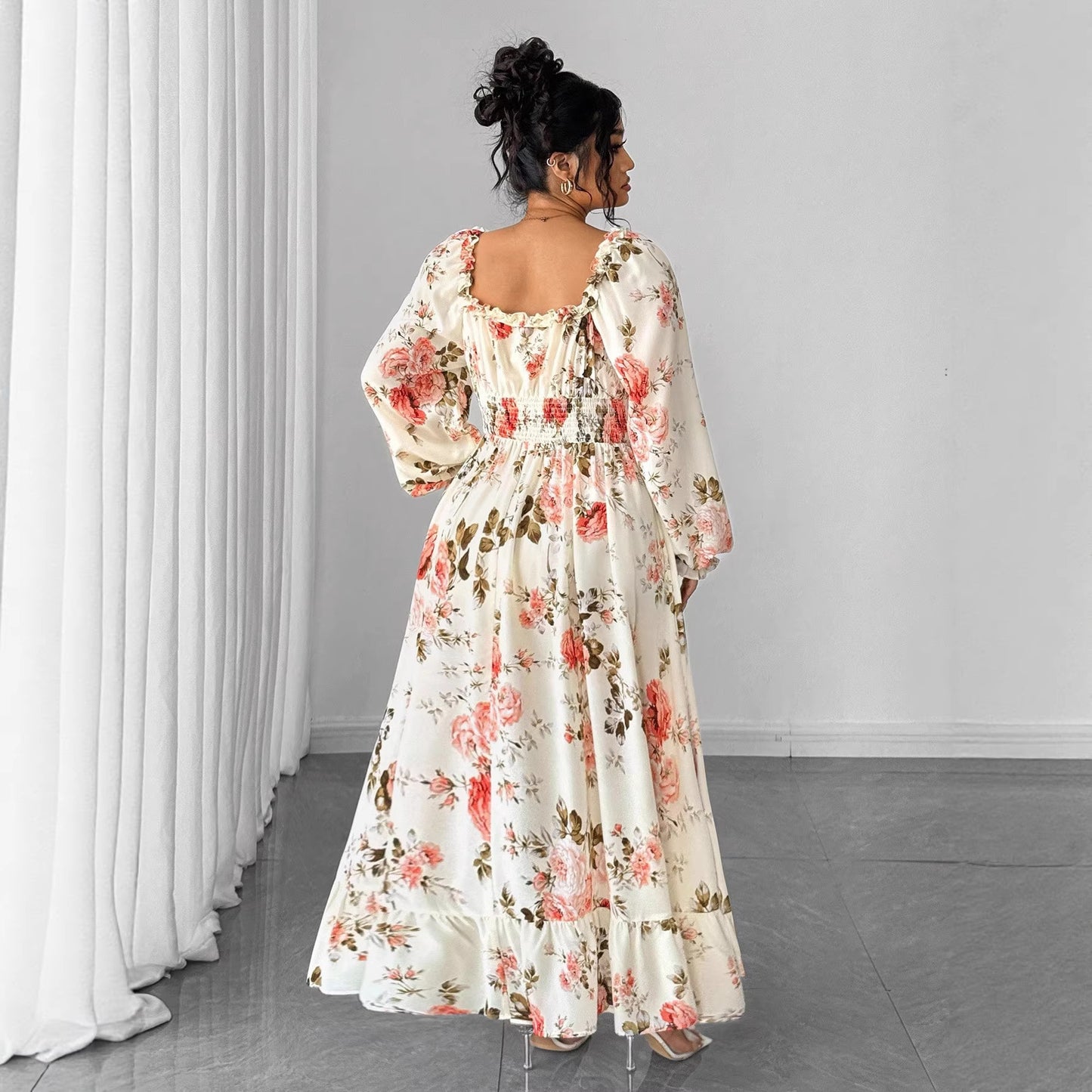 Dark Academia Floral Dress: Square Neck, Bubble Sleeves, High Slit | Vintage Elegance