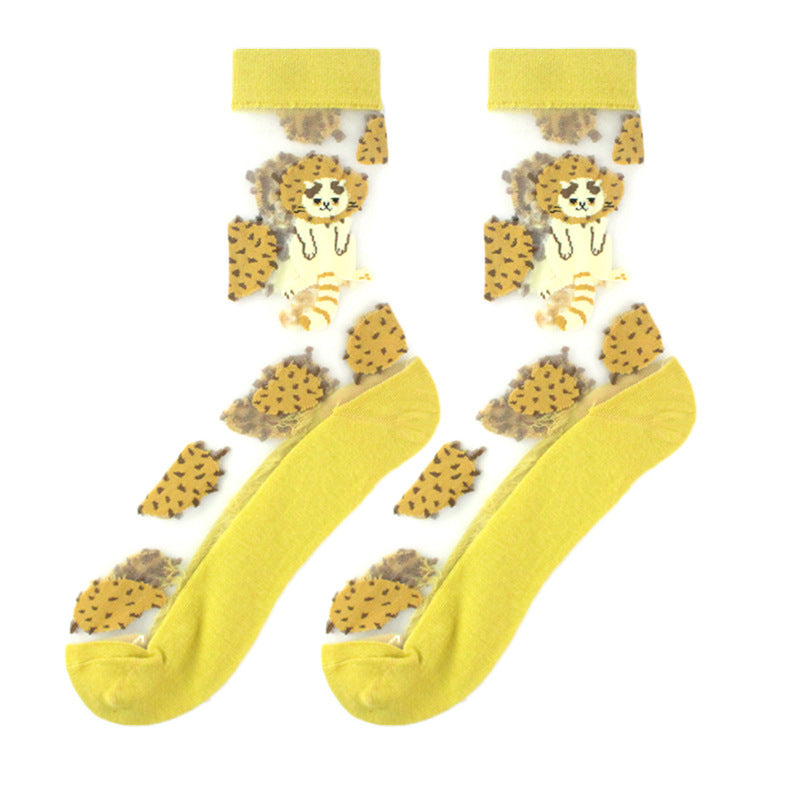 Spring and Summer Women's Socks, Thin Medium Tube Fashion Trendy Socks, European and American Style Flower Glass Stockings