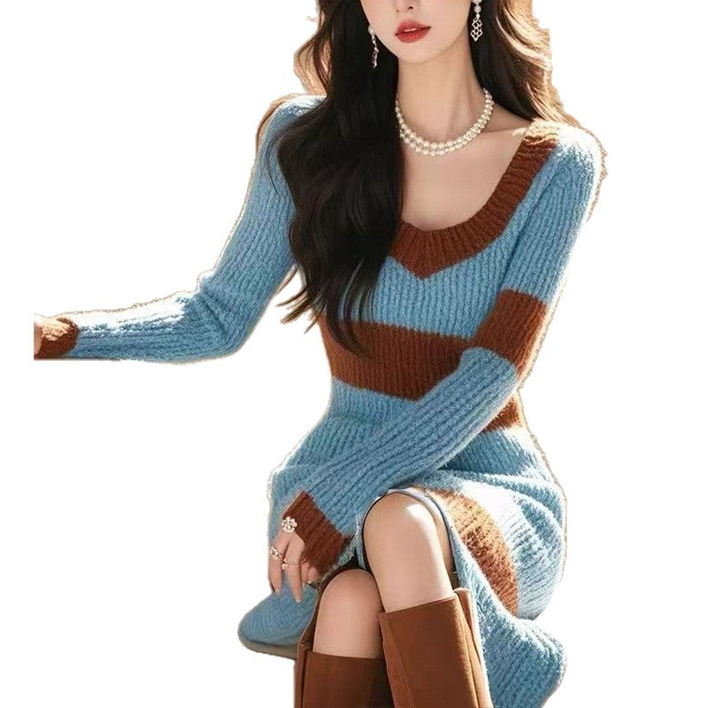 Cozy Blue Knit Dress & Coat Set for Winter, Thermal Chic Holiday Season