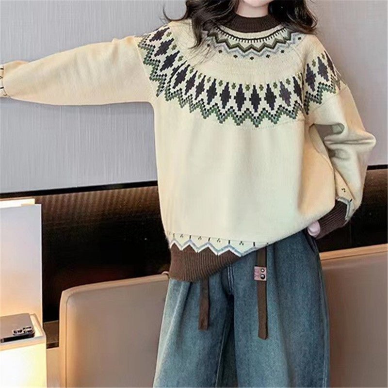 New Sweater Women Wish Hot Sale Round Neck Color Matching Loose Fashion Pullover Knitted Sweater