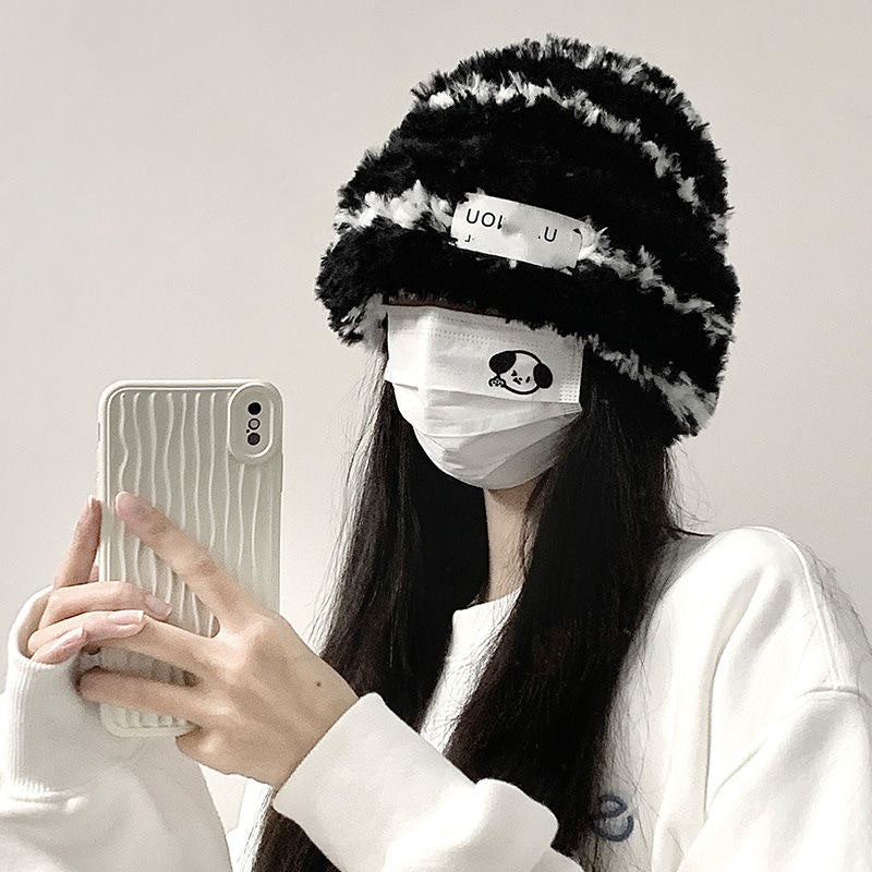 New Knitted Hat Children's Winter Wool Stripes Show A Small Face Plush Warm Thickened Large Head Circumference Ear Protectors Stacking Hat