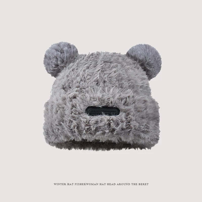 Cute bear wool hat female winter 2024 popular plush warm fluffy autumn and winter big head circumference knitted hat