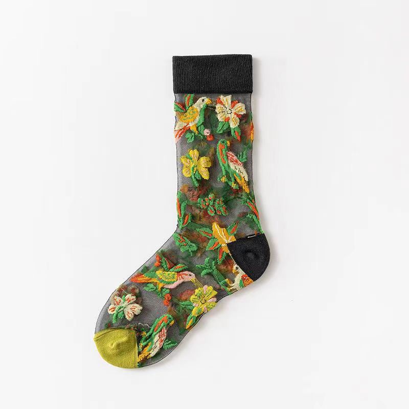 Spring and Summer Women's Socks, Thin Medium Tube Fashion Trendy Socks, European and American Style Flower Glass Stockings