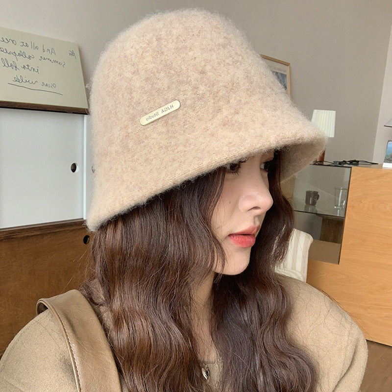 Retro Wool Hat Autumn and Winter Women's Warm Ear Protection Versatile Face Small Color Matching Warm Knitted Bucket Hat