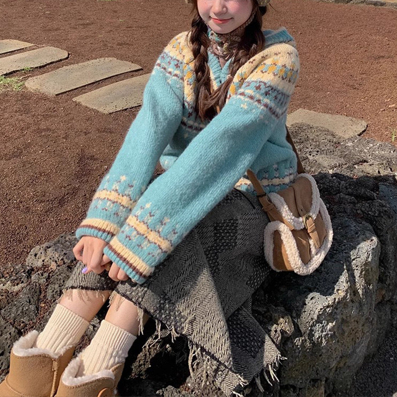 Jacquard Sweater for Women's Autumn and Winter New Horn Buckle Knitted Cardigan Jacket for Women