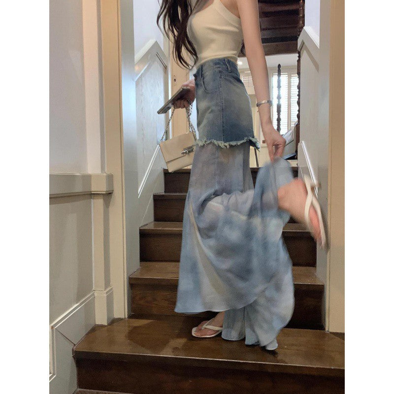 Retro Lotus Leaf Edge Splicing Denim Skirt Summer New High Waist Rough Edge Design Fairy Dress