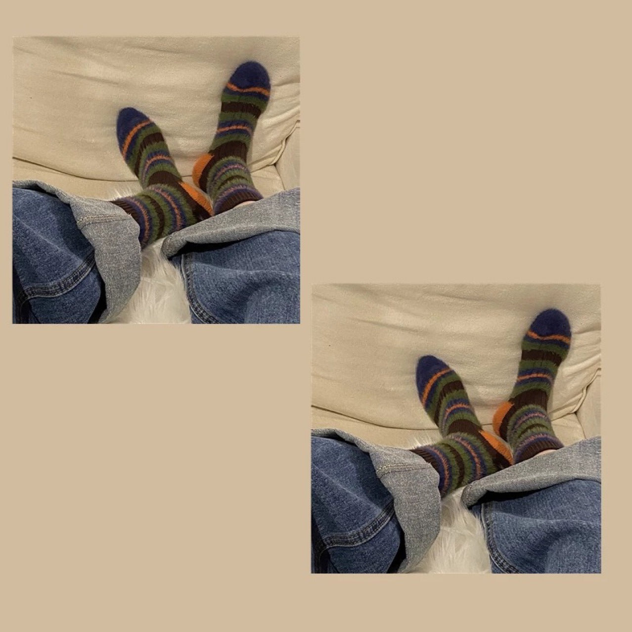5PRS-Thick Stripes Color Matching Contrasting Imitation Mink Fluffy Socks Sweet Warm Women's Mid-tube Socks