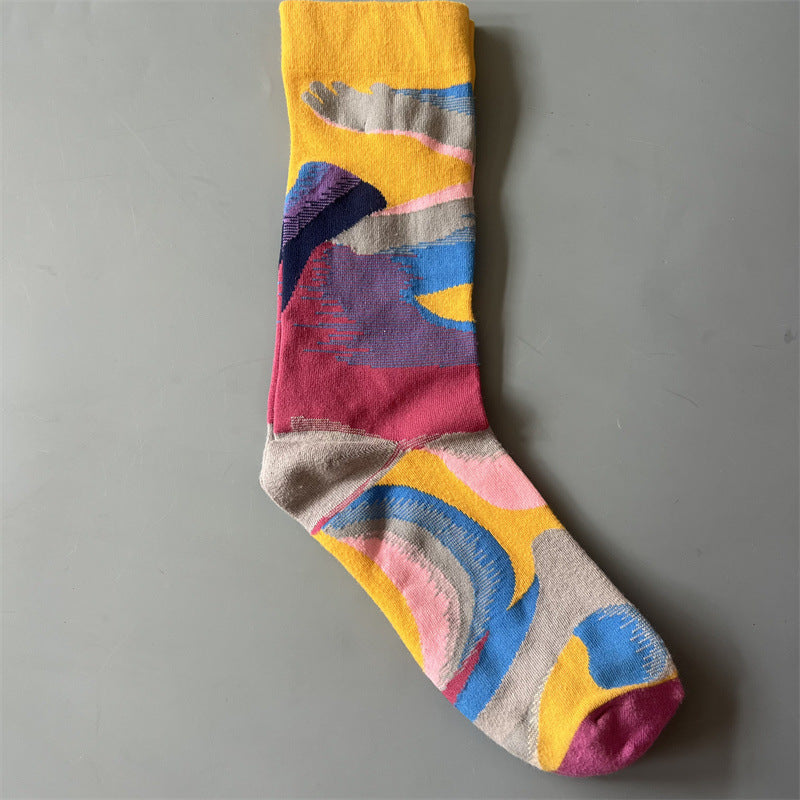 New Product Mid Calf Socks Women Oil Painting Socks Niche Fun Literary and Artistic Color Socks