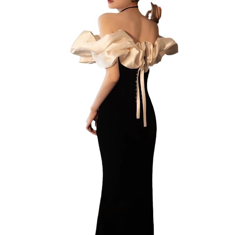 Evening Dress Women's Black One-word Shoulder Temperament High-end Fishtail Senior Sense Adult Ceremony Banquet Dress Light Luxury Niche