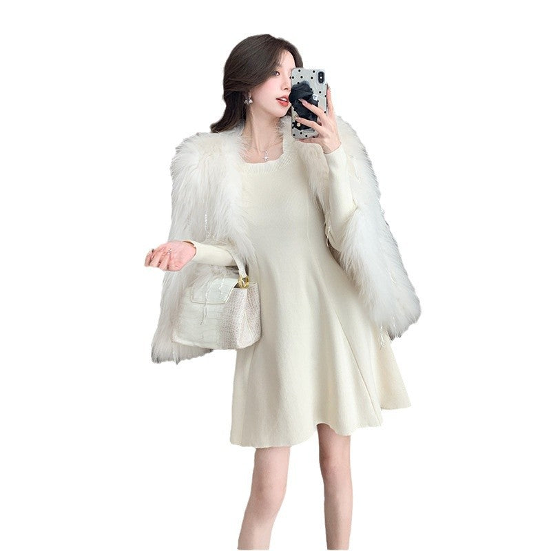 New Small French Square Neck Knitted Dress Women's Waist Bottom with Coat A-word Sweater Skirt Tide