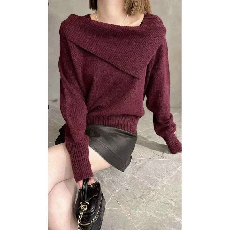 Irregular One-word Shoulder Knitted Bottoming Shirt for Women's Autumn and Winter Inner Sweater Long-sleeved Top for Women
