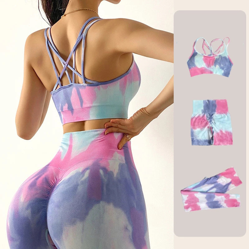 Tie-Dye Yoga Set | High-Waisted Booty Lift Sports Pants & Wireless Shorts | 4-Way Stretch Eco-Friendly Fitness Wear