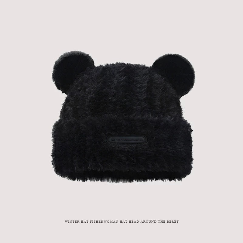 Cute bear wool hat female winter 2024 popular plush warm fluffy autumn and winter big head circumference knitted hat
