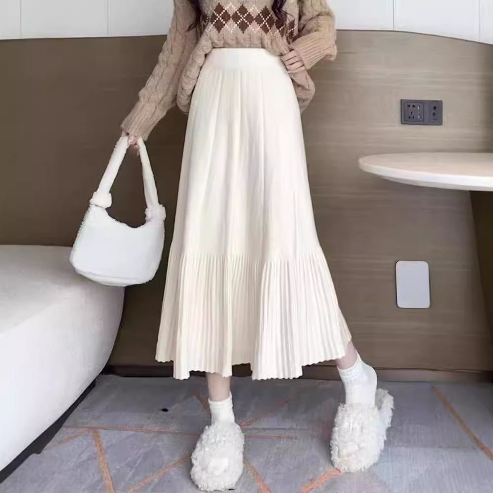 Pleated Knitted Skirt Women's Autumn and Winter New Fashion High Waist Korean Version Casual and Thin Big Swing Skirt A-shaped Skirt Umbrella Skirt