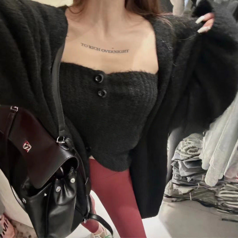 Sexy Tube Top Cardigan Women's Autumn and Winter New Gentle Soft Waxy Lazy Wind Sweater-2 PCS SET