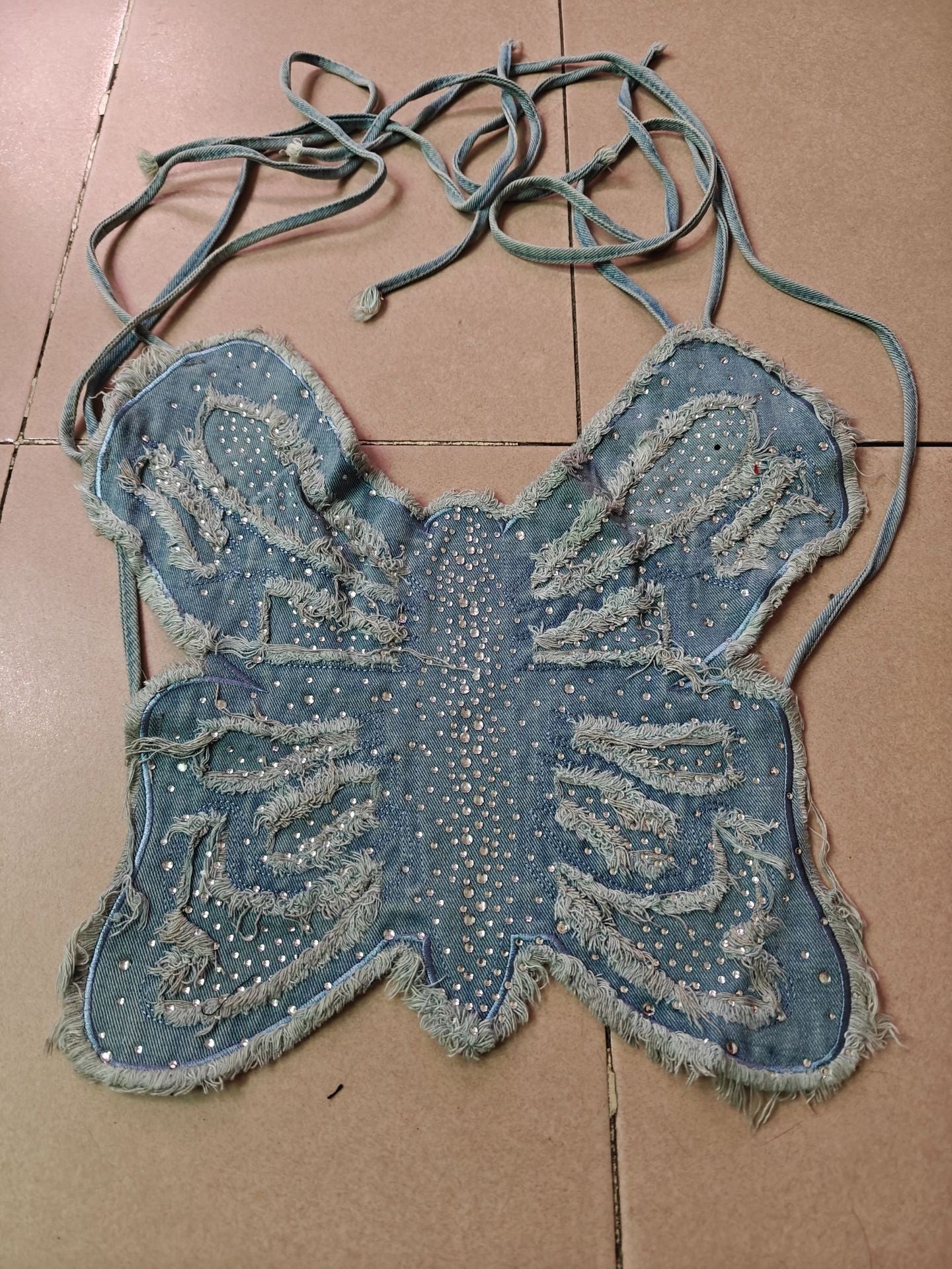 Sparkling Butterfly Strap Denim Top - Distressed Wash & Raw Hem for Summer Vibes