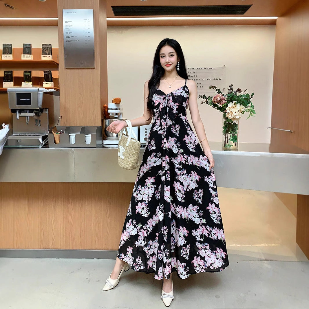 Temperament Royal Sister Fan Dress Women's Fashion Floral Age Reduction Medium and Long Skinny Dress