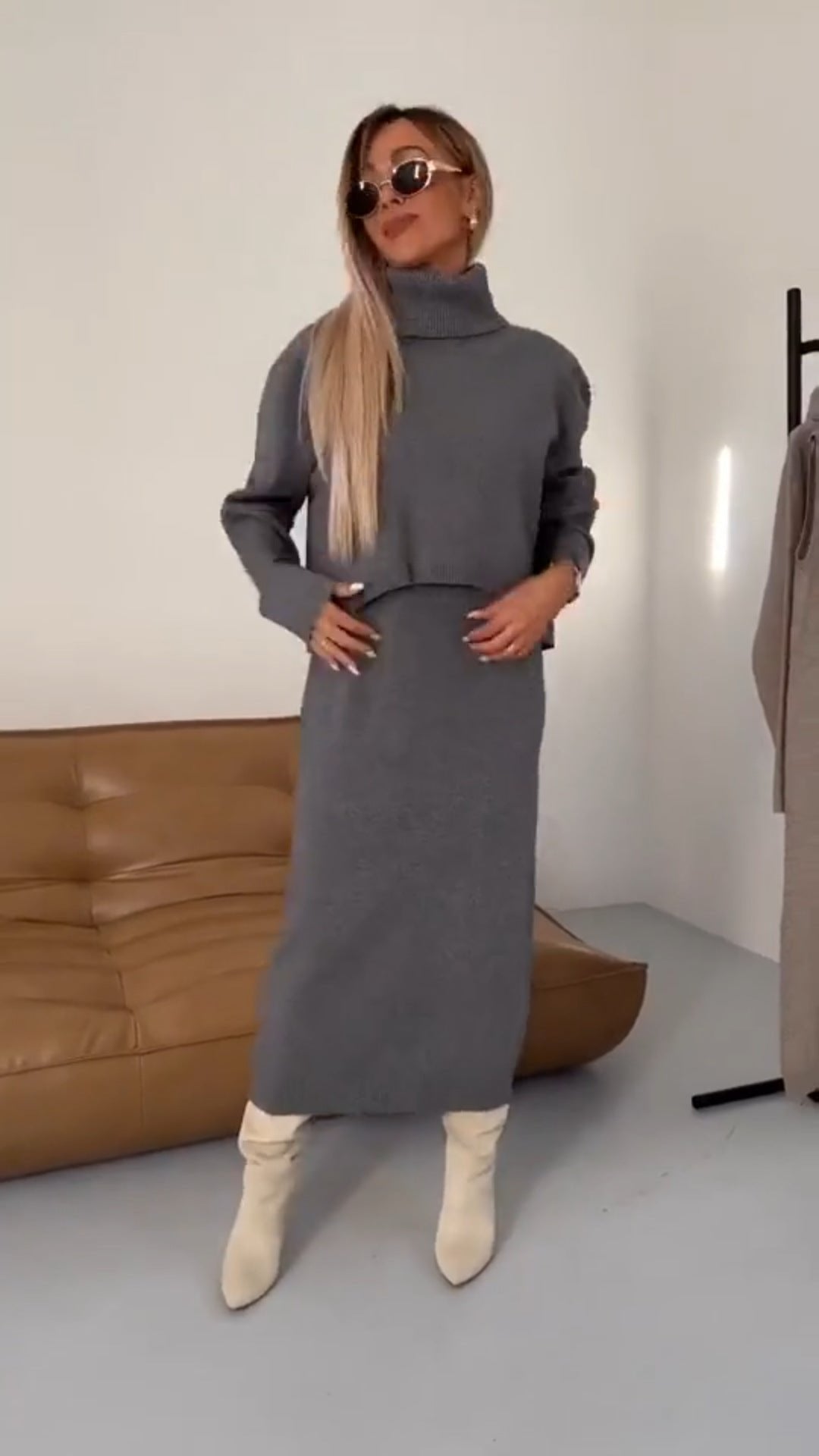 New Sweater Dress Autumn and Winter Turtleneck Long Dress Two-piece Set Solid Color Knitted Dress