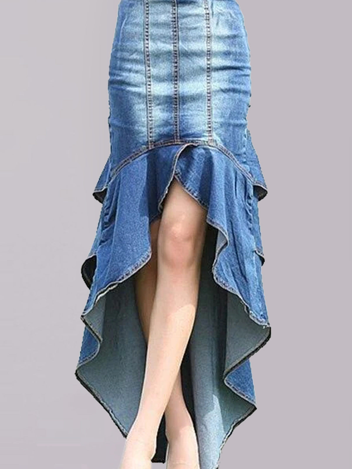Elegant Bland Washed High and Low Ruffled Denim Tight Dress