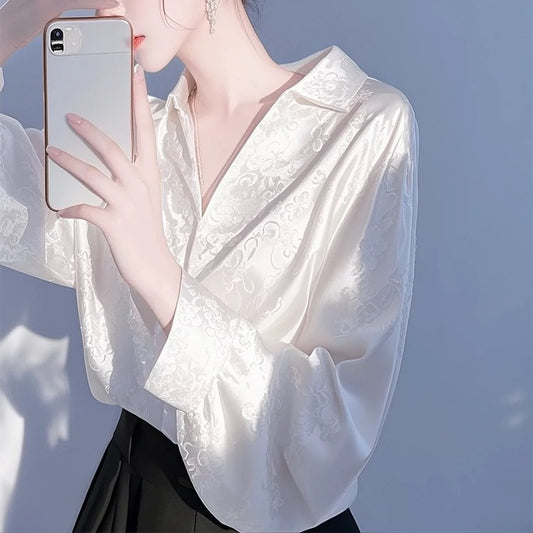 Women’s Purple Satin Jacquard Blouse - French Vintage Fall Long Sleeve Elegant Shirt