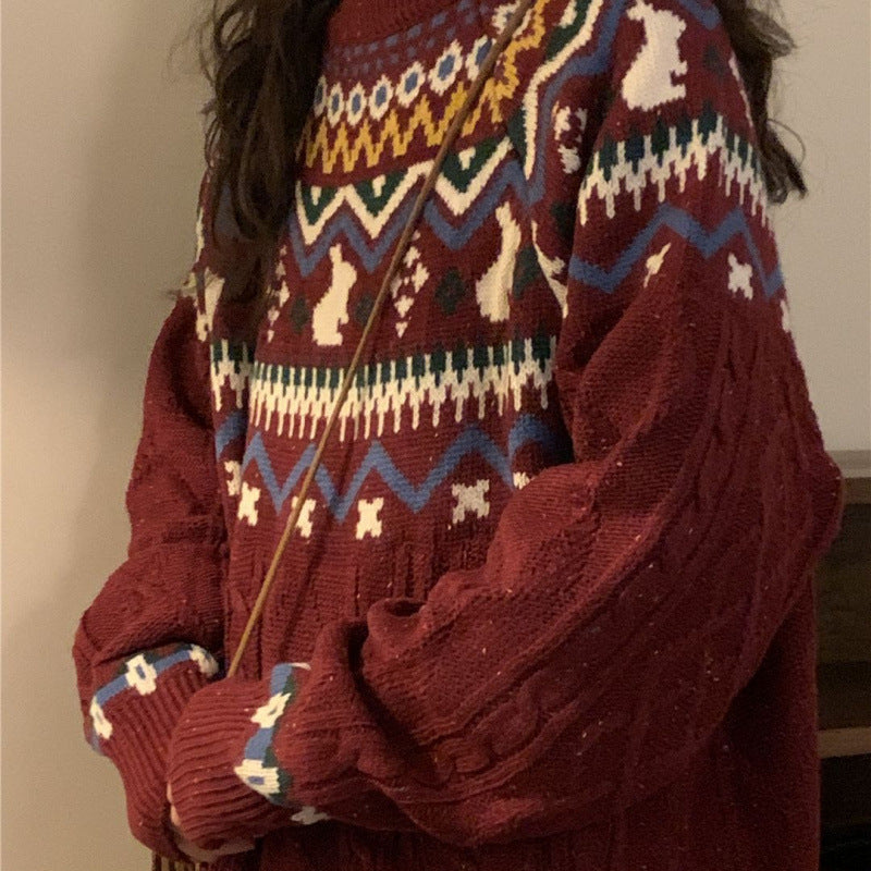 New Year's Red Sweater for Women's Autumn and Winter New Lazy Wind Niche Knitted Sweater for Women