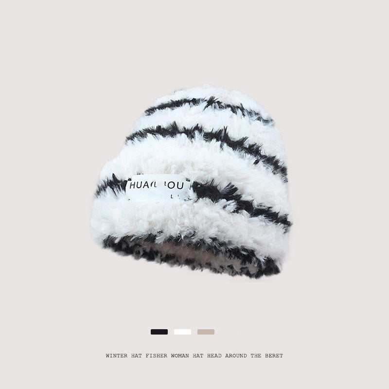 New Knitted Hat Children's Winter Wool Stripes Show A Small Face Plush Warm Thickened Large Head Circumference Ear Protectors Stacking Hat
