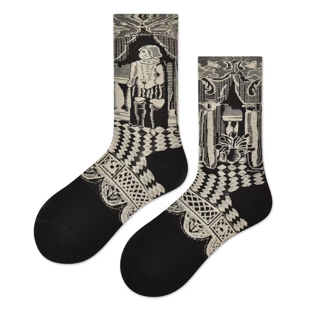 Spring and summer new art students, designer art tube socks children's trendy socks versatile black and white color scheme women