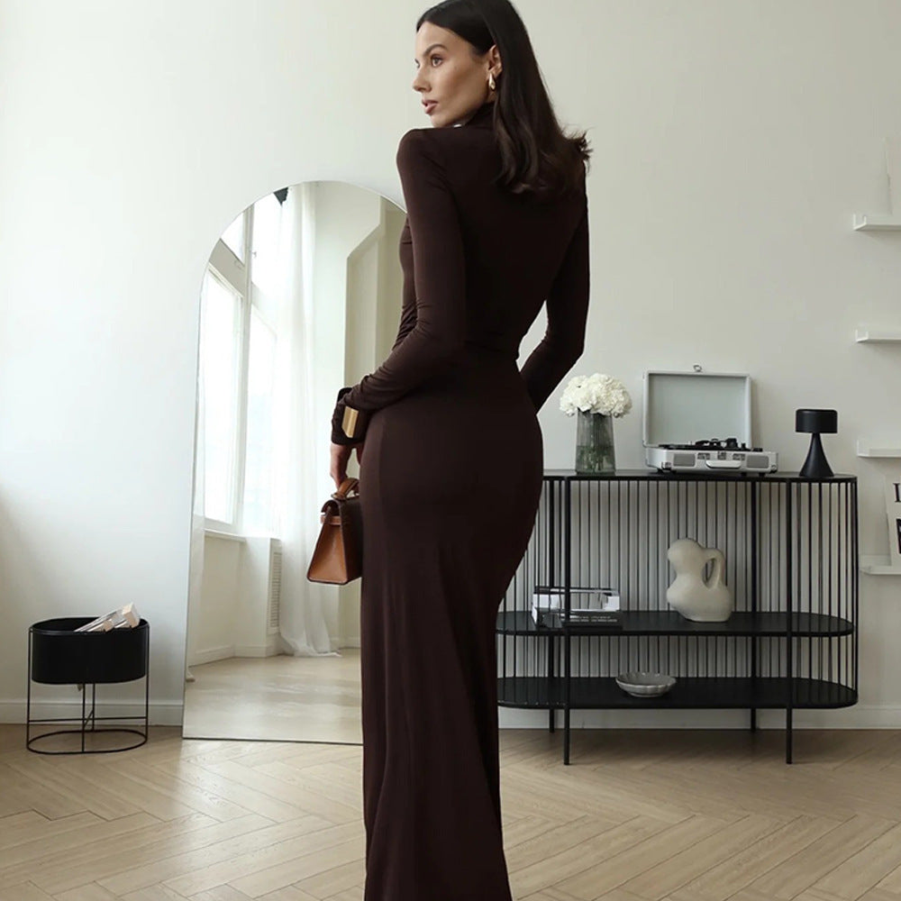 New Autumn Turtleneck Long-sleeved Fashion Splicing Straps Knots Slim Hip-wrapped Dress Women