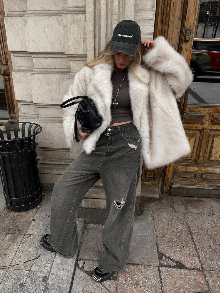 Stylish Faux Fur Jacket Women Warm Teddy Bear Coat Lapel Collar Cozy Fall Winter Outerwear