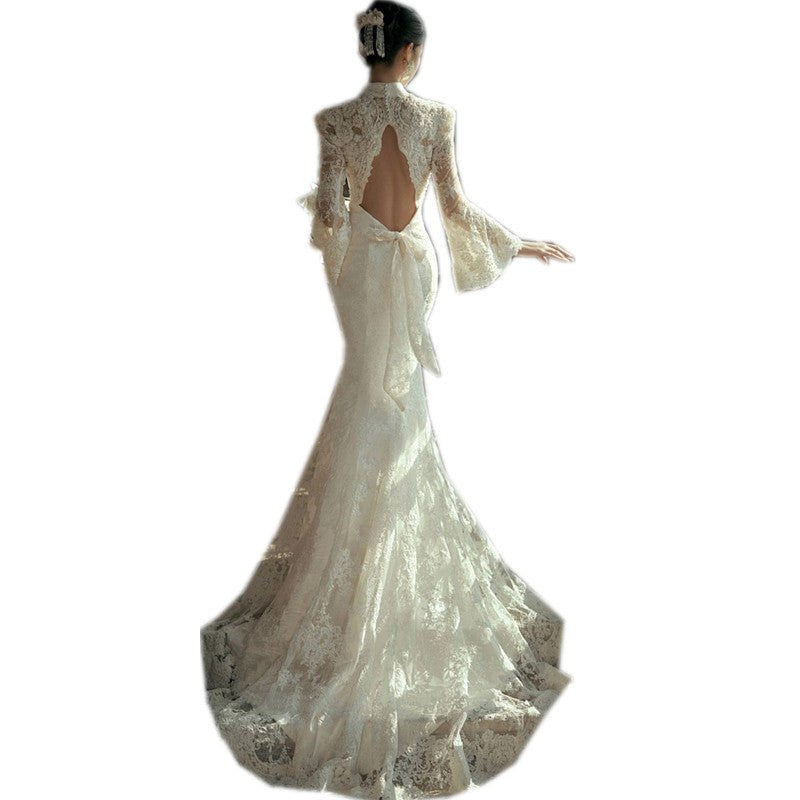 Light Wedding Dress French Travel Photography Simple White Thin Lace Fishtail Small Trailing Retro New Welcome Dress