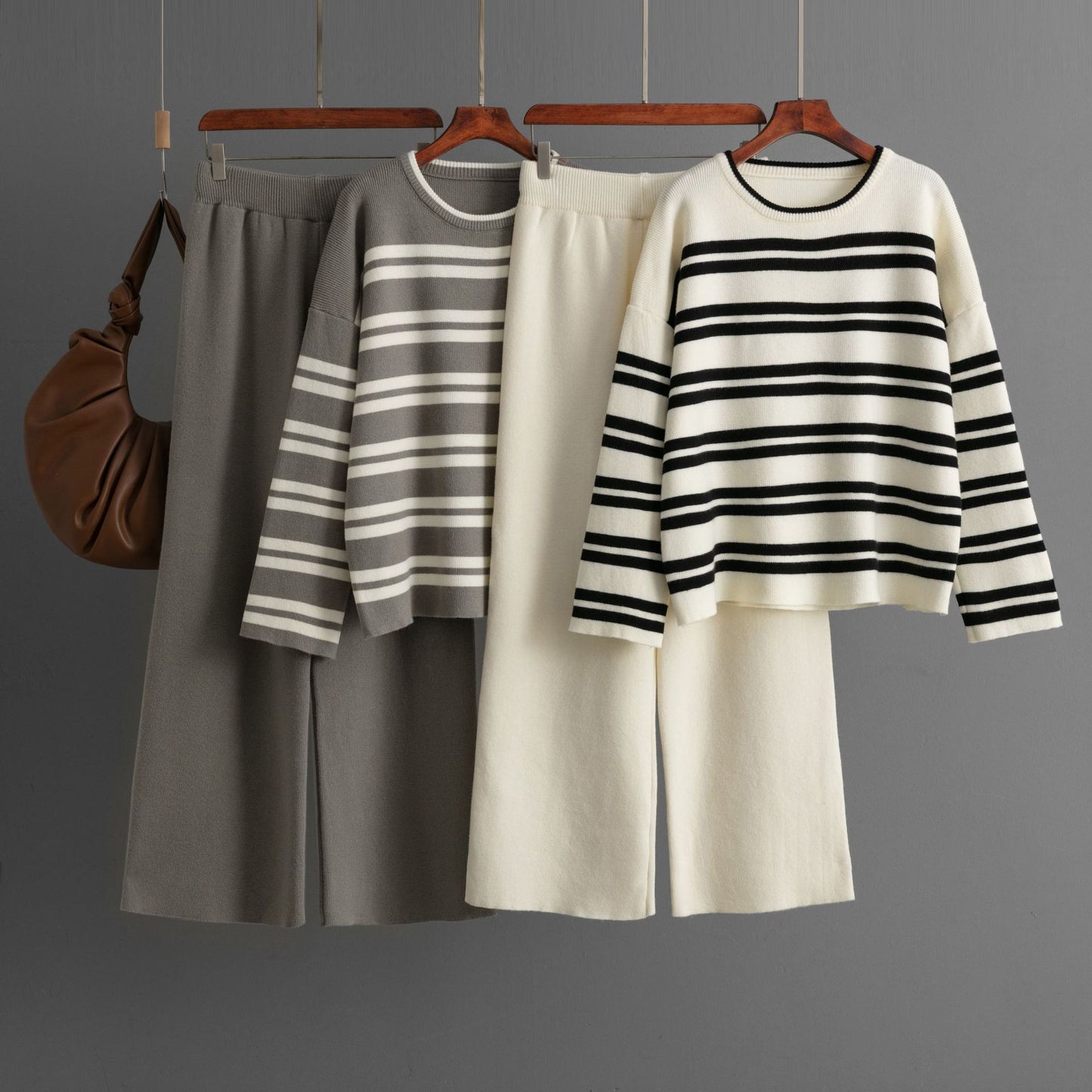 Striped Sweater Set Autumn and Winter 2024 New Loose Fashion Casual Wide-leg Pants Knitted Two-piece Set