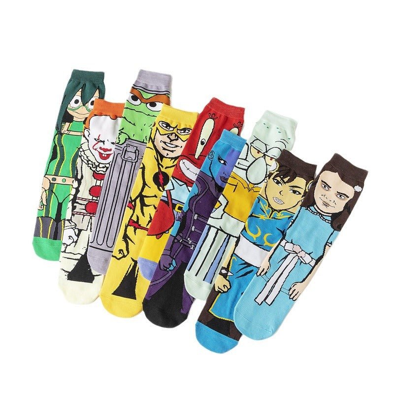 Male Cotton Cartoon Female Pattern Medium Tube Animation Socks Personalized Ins Trendy Cotton Socks-5PRS