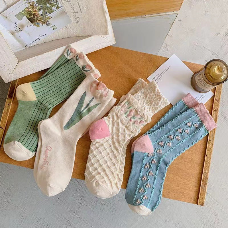 Socks Women's Autumn and Winter Long Socks Mori Tulips Versatile Women's Stacking Socks Flower Series Spring and Summer Long Tube