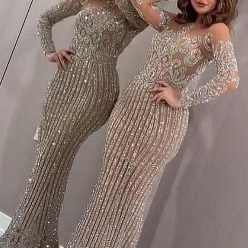 Long Dress Mid-waist Temperament Commuter Gold Sequins Solid Color Chest Wrap Elastic Gold Slim Dress