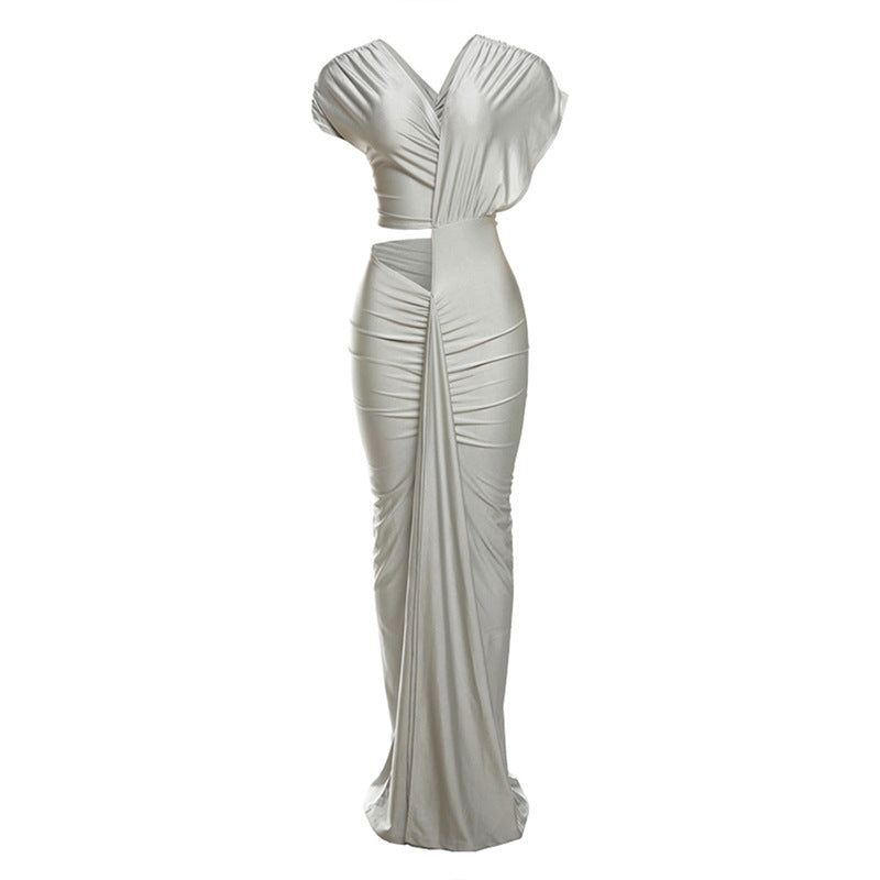 Sexy Slim-Fit Bodycon Evening Dress with High Slit & Midriff Cutout - Curve-Hugging Party Gown