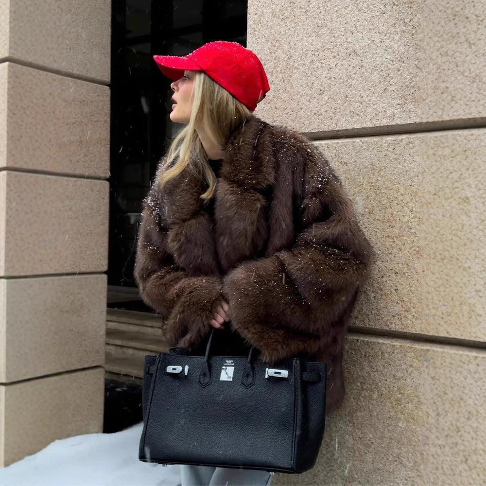 Stylish Faux Fur Jacket Women Warm Teddy Bear Coat Lapel Collar Cozy Fall Winter Outerwear