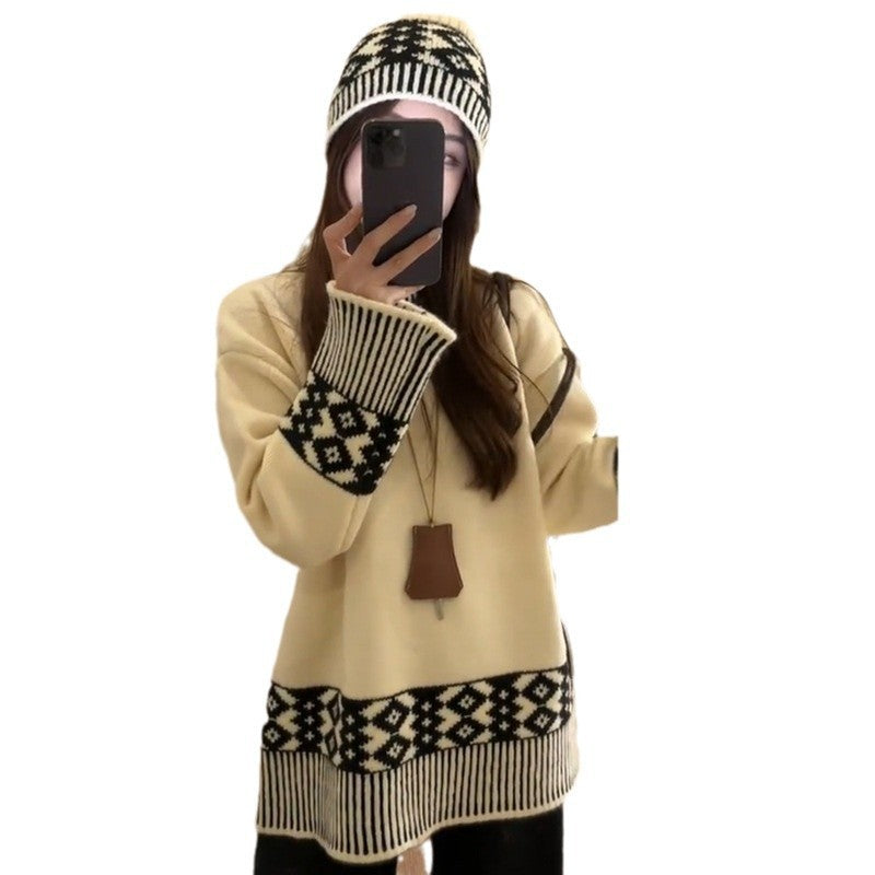 Retro Jacquard Knitted Sweater for Autumn and Winter Wear with Lazy Sweater Loose Top with Cap Set