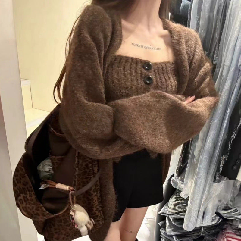 Sexy Tube Top Cardigan Women's Autumn and Winter New Gentle Soft Waxy Lazy Wind Sweater-2 PCS SET