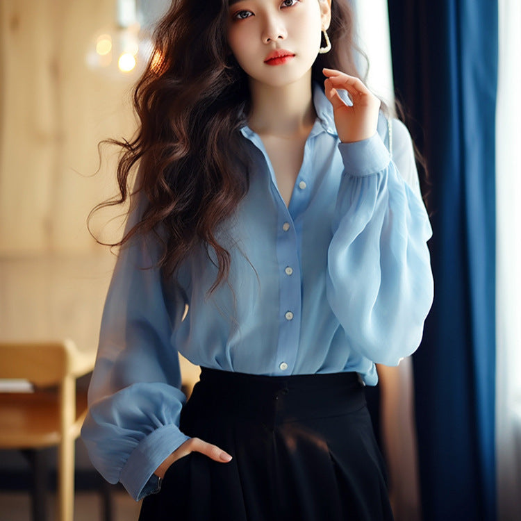 Healing Blue Crinkle Chiffon Top: Spring Airy Lantern Sleeve Blouse for Women - Work to Garden Minimalist Style