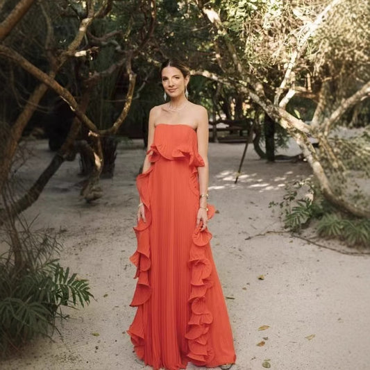 Vintage Ruffle Maxi Skirt: Fringe Hem & Draped Bust with Floor-Length Elegance for Weddings/Events