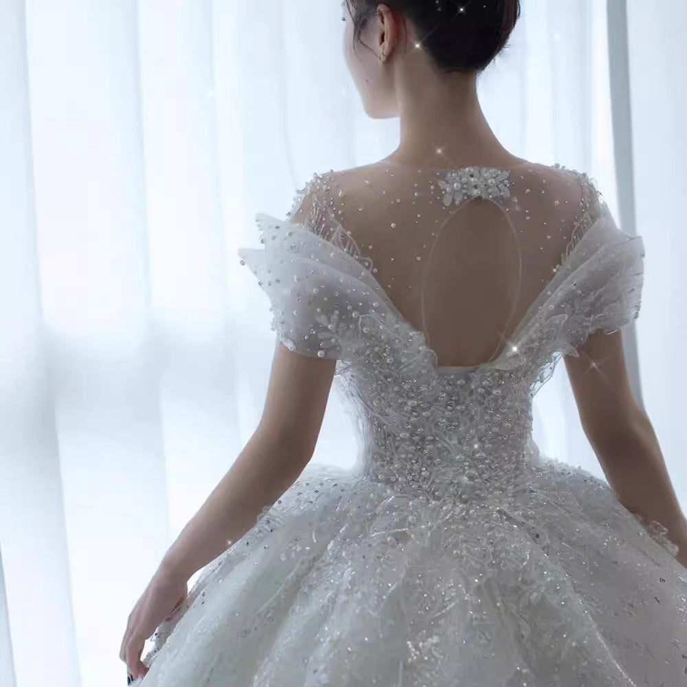 Empire Waist Maternity Wedding Gown | Bump-Friendly Princess Cut & Royal Train | Regal French Alençon Lace Dress